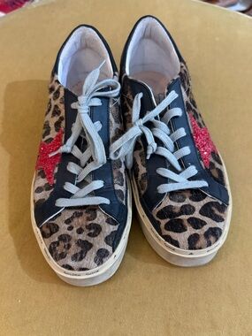 Golden Goose Leopard Print Sneakers with Red Star, Perfect Condition